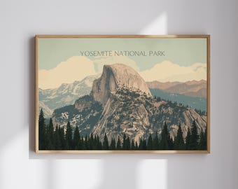 Plakat podróżniczy w stylu retro z Parku Narodowego Yosemite: Half Dome Vintage Print (do pobrania cyfrowego)