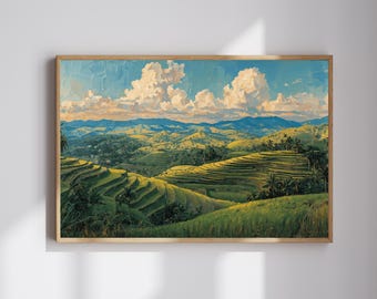 Bali Rice Terrace Oil Painting – Horizontal Landscape Wall Art, Tropical Countryside Digital Download