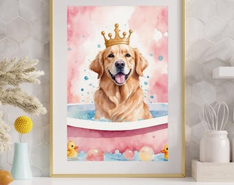 Funny Golden Retriever Bathroom Wall Art - Watercolor Dog Print - Digital Download