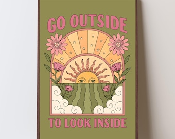 Impresión Boho de Sol y Flores: Arte de pared retro inspirador (Descarga digital)