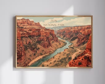 Zion Nationalpark Retro Poster - Vintage Reise Wandkunst - Rustikale Landschaft Druck - Digitaldownload