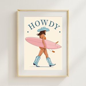 Howdy kunst aan de muur western cowgirl – printbare poster surfgirl, retro country beach decor, illustratie cowgirl zomer boho