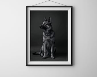 Vintage German Shepherd Portrait: Black and White Dog Art Print (Digital Download)