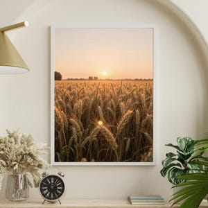 May include: A framed print of a wheat field at sunset. The image features a golden field of wheat under a warm, orange sky. The sun is setting in the distance, creating a soft glow. The print is displayed on a wooden shelf with a clock and decorative items.