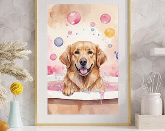 Funny Golden Retriever Bathroom Wall Art - Watercolor Dog Print - Digital Download