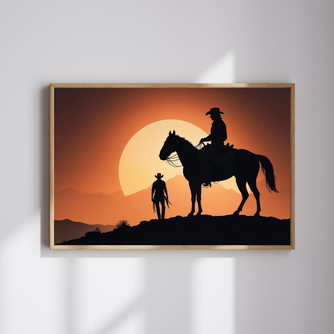 Cowboy Sunset Wall Art – Western Silhouette Print – Rustic Horseback ...