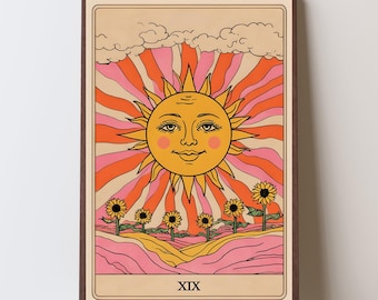 Impressão de carta de tarô The Sun: arte de parede retrô com girassol (download digital)