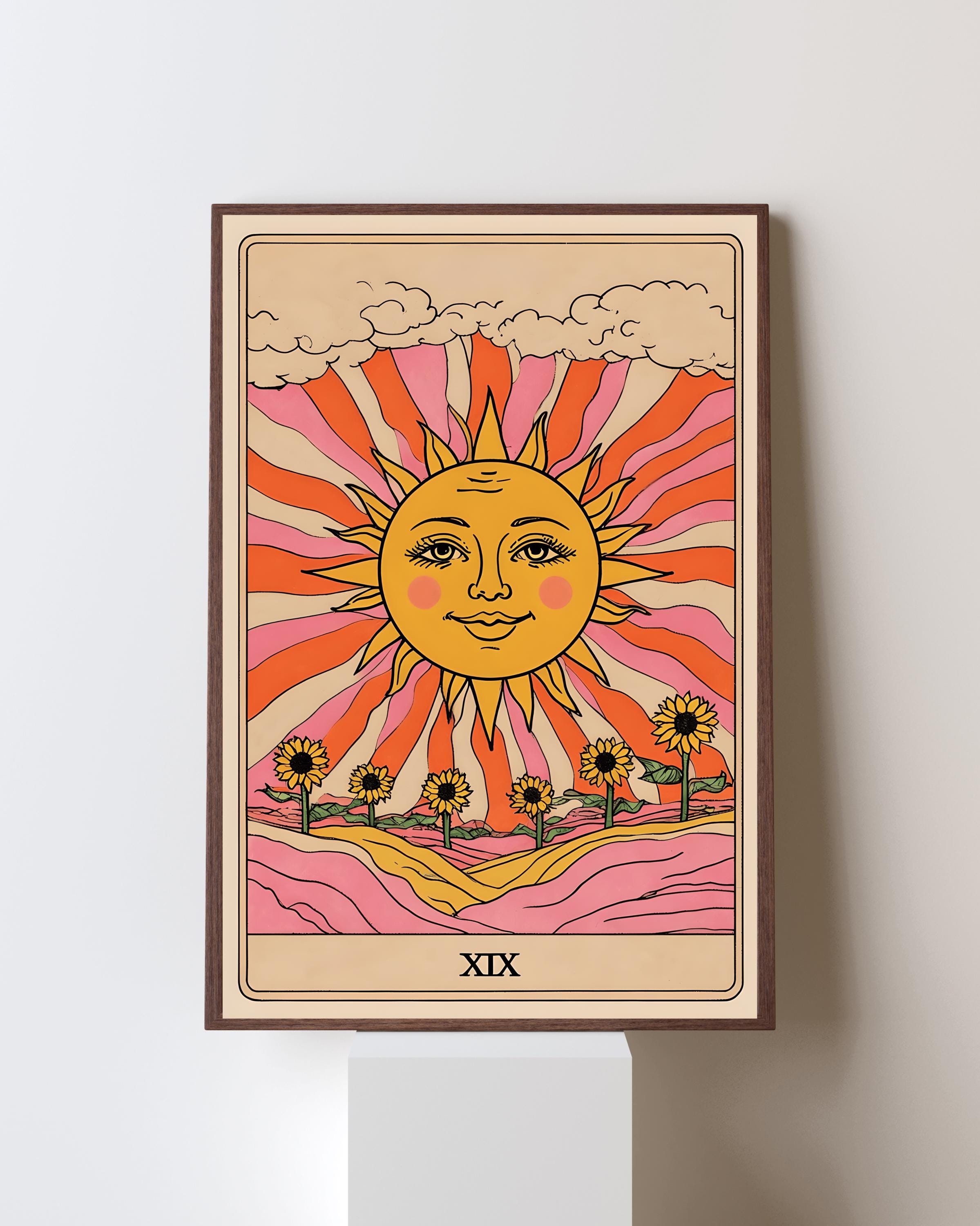 ひまわり★タロット 太陽のタロットカードプリント：レトロなひまわりのウォールアート