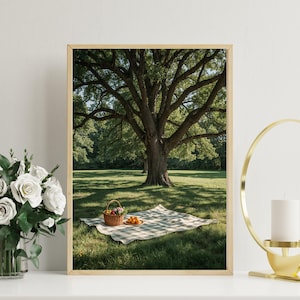 Summer Picnic Wall Art – Peaceful Tree Meadow Scene – Printable Nature Artwork – Cozy Digital Download