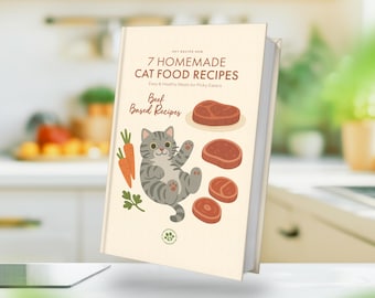 May include: A book titled "7 Homemade Cat Food Recipes" with illustrations of a gray tabby cat, carrots, and beef. The cover also includes the text "Easy & Healthy Meals for Picky Eaters" and "Beef Based Recipes."