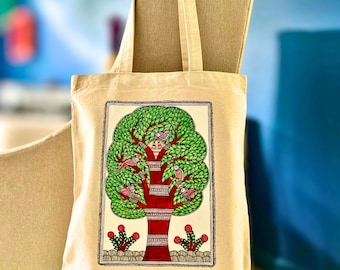 Tree of Life Canvas Tote Bag: Madhubani Art Print | Stylish Boho Chic Everyday Bag | Unique Indian Art-Inspired Gift Idea | Unique Gift Bag