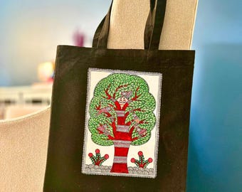 Tree of Life Canvas Tote Bag: Madhubani Indian Folk Art Design, New Mom Gift, Diwali Gift, Indian Art Tote Bag, Traditional Gift Bag