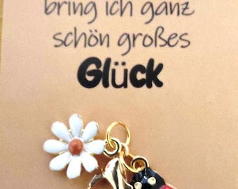 Valentijnsdag, meikever, geluksbrenger, kleine hangers, geluksvarkentjes. Diverse metalen sleutelhangers met karabijnhaak. Kaart