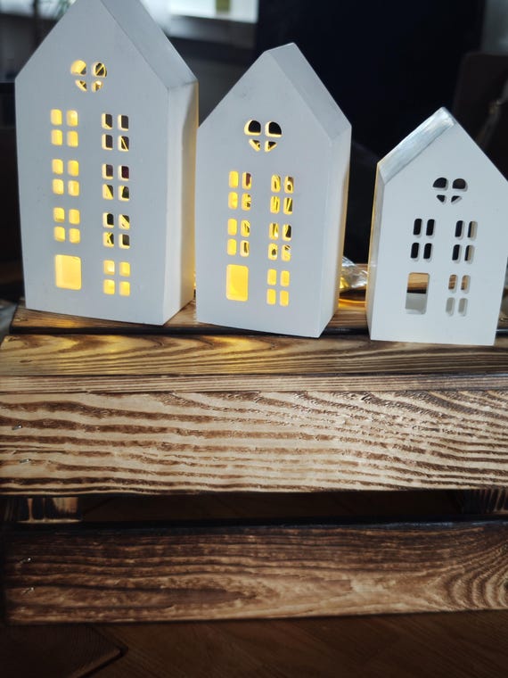 Keramik Gips Häuser 3er Set mit LED Lichterkette | Deko Häuser beleuchtet | Haus Laternen | Weihna