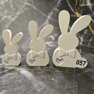 May include: Three off-white bunny figurines with bow ties and heart cutouts. The bunnies vary in size, with the largest one displaying the number "057" on a small, round sticker. The figurines are set against a dark, marbled background.