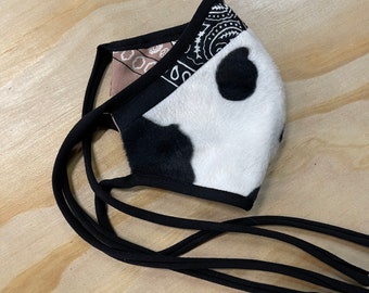 Fuzzy Cow with Bandana Fabric Mask Ties Triple Layer