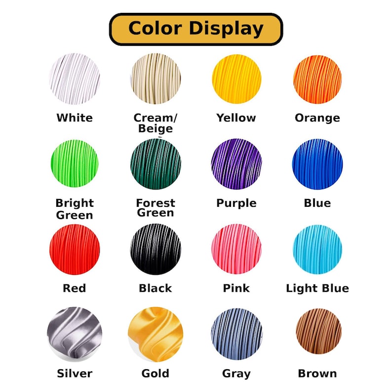 a color display with various colored wire strands, including white, cream/beige, yellow, orange, green, bright green, forest green, purple, blue, red, black, pink, light blue, silver, gold, gray, and brown.