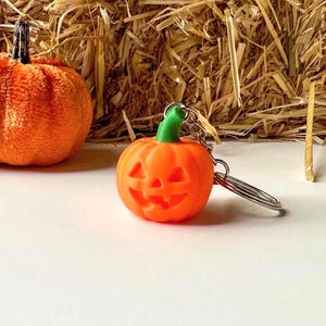 Pumpkin Halloween keychain with green stem displayed on white background with small pumpkin decor.