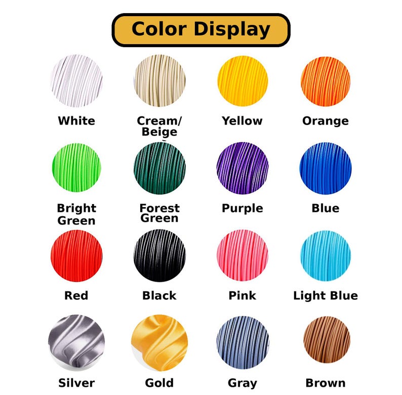 a color display with various colored wire strands, including white, cream/beige, yellow, orange, green, bright green, forest green, purple, blue, red, black, pink, light blue, silver, gold, gray, and brown.