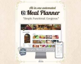 Plantilla de planificador de comidas semanal de Notion. Organizador de cocina digital automatizado todo en uno, lista de compras, libro de recetas, preparación de comidas. Planificador de comidas para TDAH.