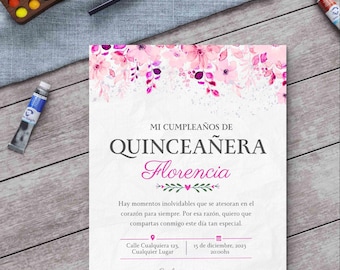 Rosa Blumen Quinceaño-Einladung: Eleganter süßer 15 (5x7 Canva Editable, digitaler Download)