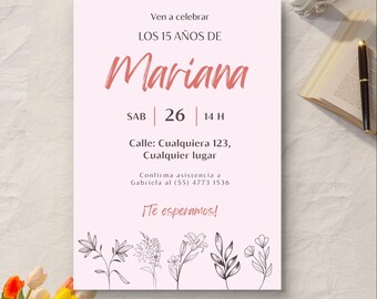 Pinke Blumen Quinceaño-Einladungsvorlage: Modern Sweet 15 (Digitaler Download)