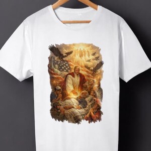 T-shirt with meme about America political meme t-shirt,funny t-shirt with Trump and Jesus,funny patriotic United States t-shirt,humorous