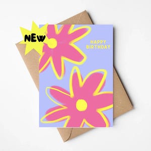 Cartão de aniversário com ilustração floral / Cartão de parabéns com comemoração de margaridas rabiscadas