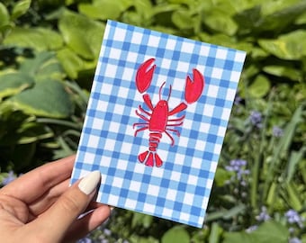 Cartão de aniversário de lagosta: frutos do mar de verão em xadrez, estilo Hamptons