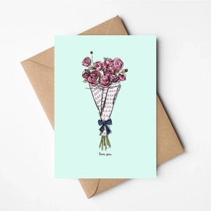 Tarjeta de aniversario con ramo de flores de verano / Tarjeta romántica de amor / Pensando en ti