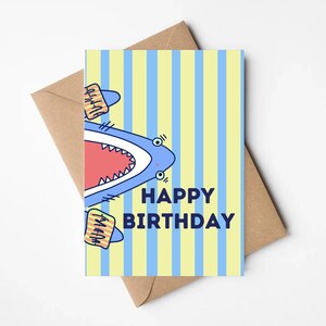 Tarjeta de cumpleaños con tiburón garabato / Amigos del océano a rayas / Tarjeta de felicitación para el primer cumpleaños
