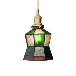 Lampe suspendue vintage fabriquée à la main en vitrail - abat-jour hexagonal