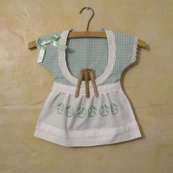 Recycled Upcycled Handmade Dress Clothespin Peg Bag One of a Kind Clothes Pin Holder Green Check Print Embroidered Apron Laundry Wash Day