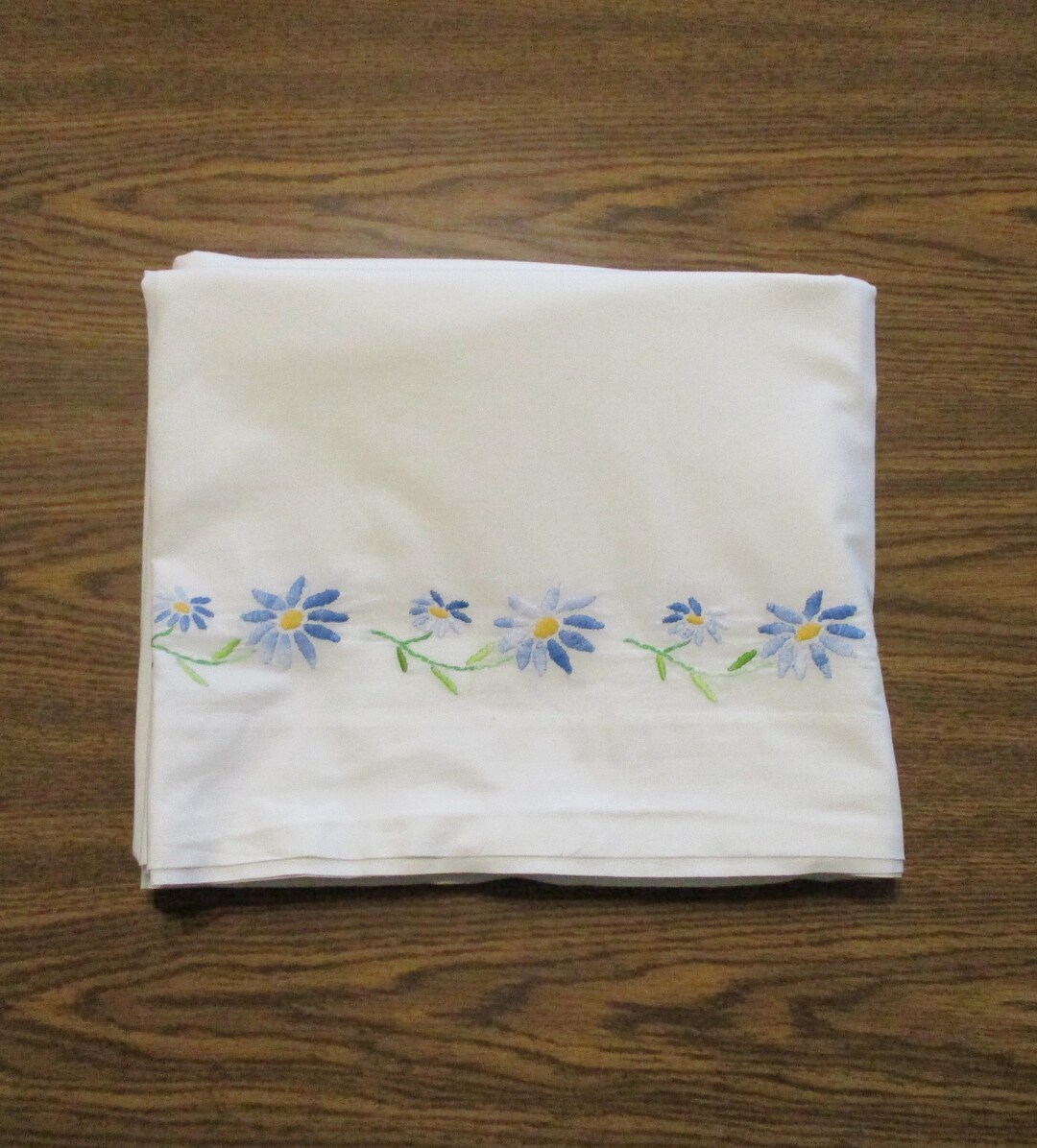 Vintage Penneys Embroidered Blue Floral Double Flat Sheet Cotton Bed