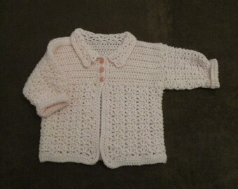 Vintage Hand Crocheted Button Front Pink Baby Infant Sweater Cardigan Doll Clothing Baby Shower Decor