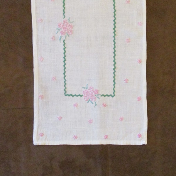Vintage Hand Embroidered Pink and Green Floral Table Runner Dresser Scarf Buffet Home Decor Linens
