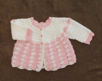 Vintage Hand Crocheted Button Front Pink and White Baby Infant Sweater Cardigan Doll Clothing Baby Shower Decor