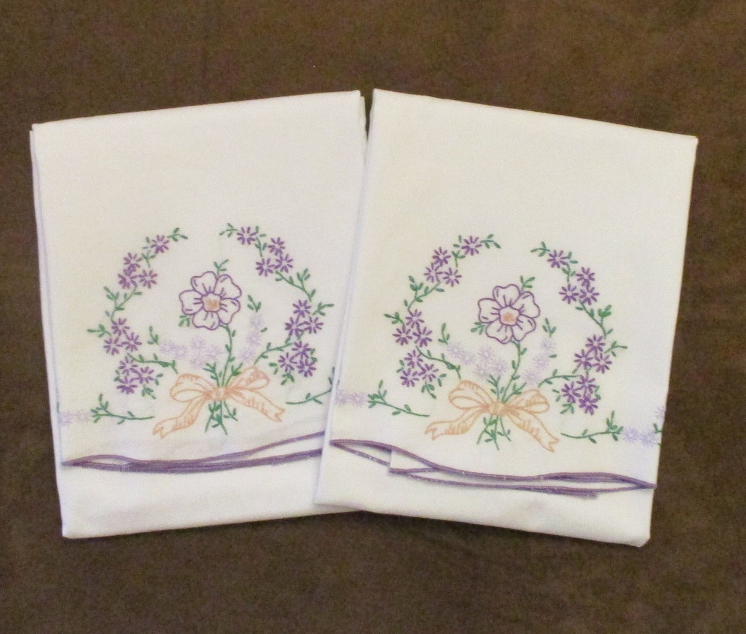 Vintage Pair of Hand Embroidered Cotton Pillowcases Purple Etsy