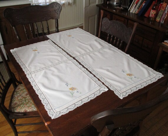 Two Vintage Hand Embroidered Pink Floral Table Runners Dresser Etsy