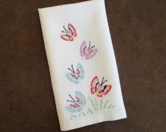 Small Vintage Linen Tea Towel Embroidered Butterflies Tray Guest Gift Kitchen Drying