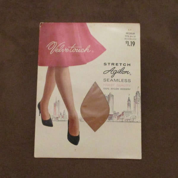 Vintage Velvetouch Stretch Nylon Stockings Hosiery Size Medium 9.5 to 10 Beige Blush Agilon Lingerie