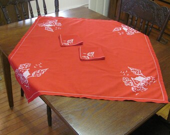 Vintage Hand Embroidered Red Cotton Luncheon Tablecloth and Two Napkins