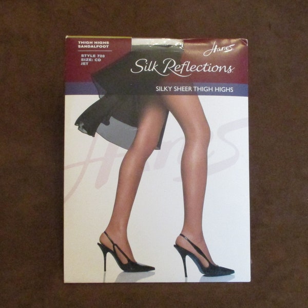 Vintage Hanes Silk Reflections Nylon Thigh High Top Stockings Hosiery Jet Black Size CD Style 720 Lingerie