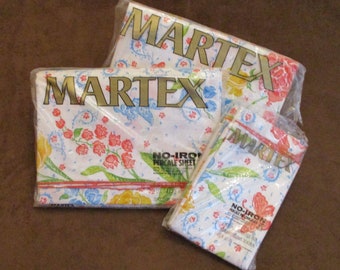 Vintage Martex Full Double Sheet and Pillowcase Set Floral Surabaya New Old Stock Unopened Poly Cotton The China Seas Collection