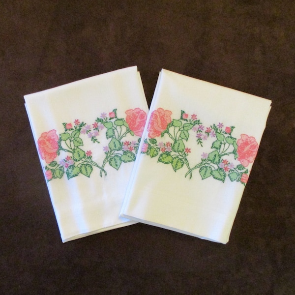 Vintage Pink Roses Hand Embroidered Pillowcase Pair Poly Cotton Bedding Home Decor Pillow Cases