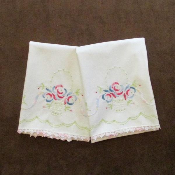 Vintage Hand Embroidered Pink and Blue Flower Basket Pillowcase Pair Set Cotton Bed Linens Bedroom Decor