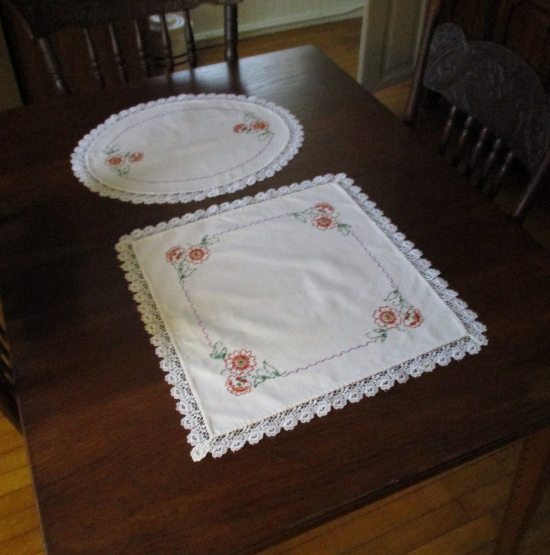 Two Vintage Matching Embroidered Doily Set Red Floral Dresser Buffet