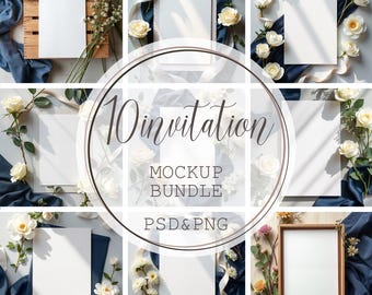 Pacote de mockups de convite de casamento azul: cartão floral 5x7 (PNG, download em PSD)
