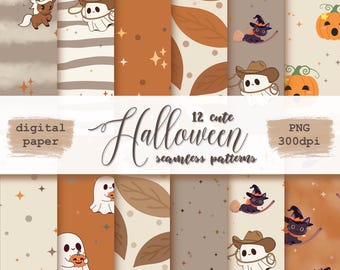 May include: A collection of 12 cute Halloween seamless patterns in PNG format. The designs feature ghosts, pumpkins, cats on brooms, and other festive elements in shades of orange, brown, and beige. The words "digital paper" and "Halloween" are also visible.