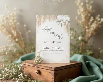Maquette d'invitation de mariage verte : Carte bohème (Téléchargement PNG, PSD)